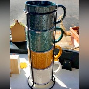 5pc Textured Coffee Mug Set with Black Metal Stand, NEW!